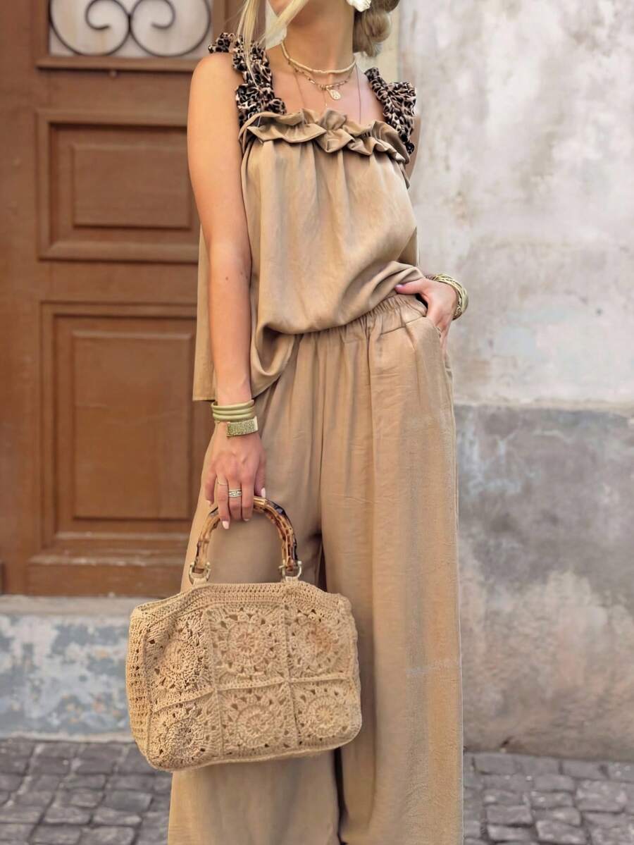 Brillora 女士休闲优雅浪漫豹纹拼接无袖上衣和裤子套装，春夏款