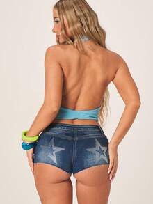 MISSGUIDED Embellished Micro Denim Shorts With Colorful Charm Trim Details And Rhinestone Star Appliques Summer Festival Boho - Blue - View 2