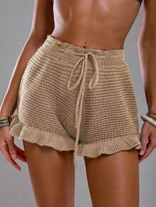 Swim Glamine Bộ áo khoác và quần short dệt kim màu trơn dành cho nữ, thích hợp cho kỳ nghỉ và đi biển. - Màu Khaki - Xem 4