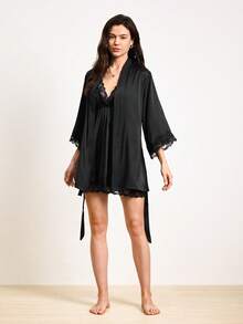 奢华撞色蕾丝睡衣套装 - 深V吊带连衣裙配长袖睡袍和腰带，微弹面料，优雅女士四季睡衣家居服 - 黑色 - 查看 4