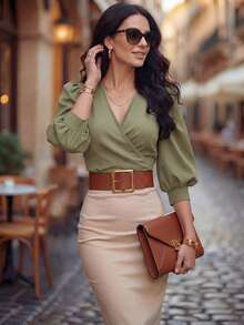 Balvessa V-Neck Criss-Cross Puff Sleeve Crop Blouse For Women - Green - View 5