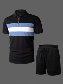 Manfinity CasualCool 男士休闲拼接Polo衫套装，针织钩编面料，黑色Polo衫套装，撞色拼接Polo衫套装，休闲两件套。也是送给丈夫、男友或朋友的理想礼物。 - 黑色 - 查看 7
