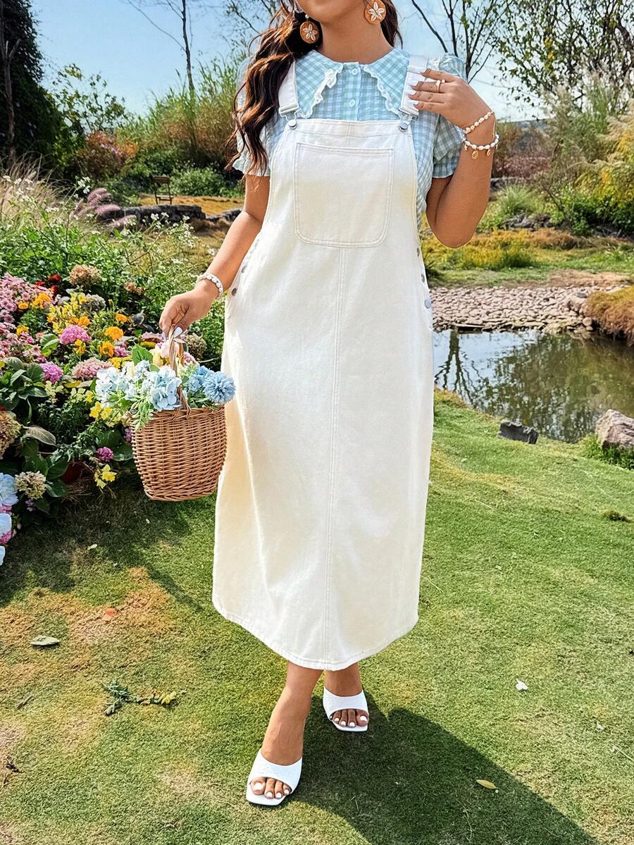 SHEIN ICON Plus Size Summer Casual Solid Color Denim Versatile Dress - Apricot - View 1