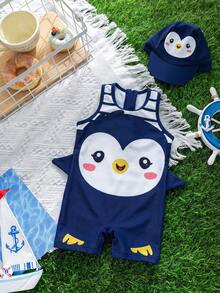 SHEIN Baby Boy/Girl Blue Summer Dolphin Print Sleeveless Zipper Romper Swimsuit With Cute Dolphin Print Hat, 2pcs Set, Suitable For Beach, Swimming, Vacation - Multicolor - View 7