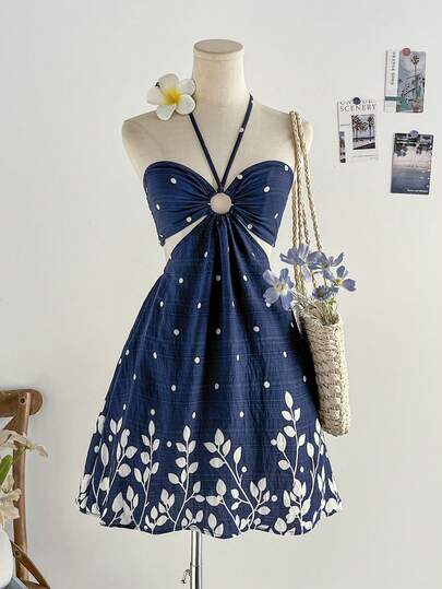 Soleia Vestido Casual de Férias Romântico para Mulheres com Estampa Floral Azul e Branca, Cordão no Pescoço e Cintura Vazada