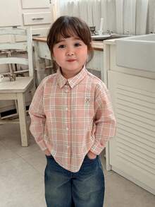 DAZY 女童格子长袖上衣，韩版，夏季 - 粉色 - 查看 3