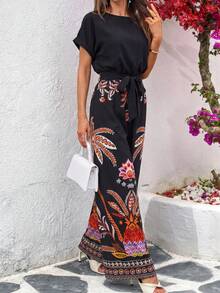 SHEIN Clasi 女士优雅圆领连体裤，配腰带，阔腿连身裤，度假必备 - 彩色 - 查看 4