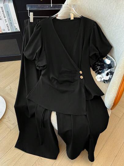 GlowEve CURVE Plus Size Women's Fashionable High-End Design Black Shirt And Wide-Leg Pants 2 Pieces Set, Summer