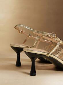 Rosivie Giày sandal cao gót mũi nhọn, khóa cài, đế khoét rỗng, kiểu dáng thời trang mùa xuân hè dành cho nữ. - Vàng - Xem 5