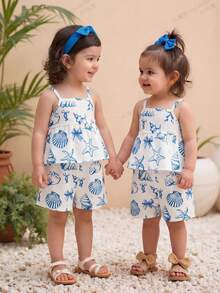 2pcs/Set Toddler Ocean Element Suspender Top + Shorts, Lightweight Breathable Beach Style Summer Outfit - Multicolor - View 4