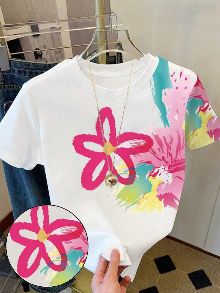 女童短款多巴胺印花T恤，适合外出、街头、春、夏、秋季穿着，也适合女孩度假休闲。白色修身短款舒适T恤，居家日常穿着皆宜。 - 彩色 - 查看 1