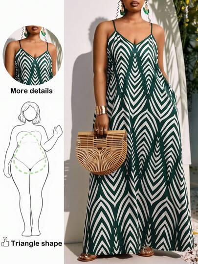 Truni 大码女士休闲度假印花吊带连衣裙