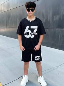 SHEIN 2件装儿童/青少年男童休闲学院风印花圆领宽松短袖T恤 - 黑色 - 查看 1