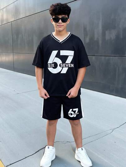 SHEIN 2件装儿童/青少年男童休闲学院风印花圆领宽松短袖T恤