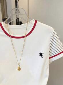 Resyla Camiseta de manga corta casual de mujer con rayas y parches, para verano - Blanco - Ver 3