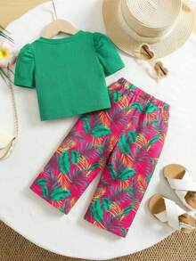SHEIN 女婴夏季可爱度假针织绿色T恤花卉图案裤子套装 - 彩色 - 查看 2