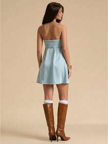 SHEIN BAE 纯蓝色褶皱抹胸系带缎面娃娃裙，女士夏季优雅吊带裙，度假沙滩裙，早午餐裙，婚礼宾客礼服，老钱风，休闲连衣裙 - 藍色 - 查看 2