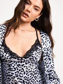 Hourtrue 3pcs Leopard Print Lace Patchwork Sleepwear Set, V-Neck Nightgown With Tie Waist Belt, Elegant Women Pajamas & Loungewear - White - View 9