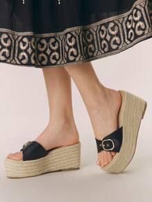 Styleloop Ladies, Straw Rope Buckles, Lame-Heeled Platform Sandals, Bohemian Style, Vacation Atmosphere, Summer Wear, Travel Essentials Summer Shoes - Black - View 4