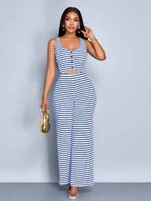 SOLERSUN 女士条纹无袖V领前开襟背心和裤子套装 - 寶藍色 - 查看 4