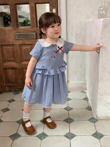 Dazy Kids Vestido sin mangas con cuello para niñas pequeñas con decoración de corazón & lazo, estilo coreano fresco, vestidos de verano para mujeres y niñas pequeñas - Celeste - Ver 6
