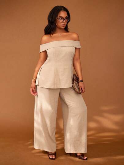 Veslaya 2026 İlkbahar/Yaz Büyük Beden Kadın Müzik Festivali, Paskalya, Western, Göçebe, Doğum Günü Partisi, Mezuniyet, Üniversite, Öğrenci, Günlük Giyim, Temel Çok Yönlü, Rahat, Tatil, Gemi Seyahati, Plaj, Güneşlenme, Trend, Sokak Giyimi, Düğün Davetlisi Boho, İşe Gidiş Geliş, Brunch, Havaalanı, Parti, Tatil Gezisi, Zarif Gala, Balo, Rahat, Sofistike Haki Dokulu Omuz Açık Belden Sıkılaştırılmış Pantolon Zarif Takım