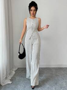 Elenzga Tall 女士休闲条纹纽扣装饰无袖修身露脐上衣和直筒裤两件套 - 彩色 - 查看 5