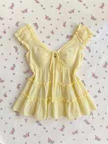 Elamini 女士黄色纹理面料衬衫，前片镂空褶裥，层叠下摆，浪漫休闲风 - 黃色 - 查看 3