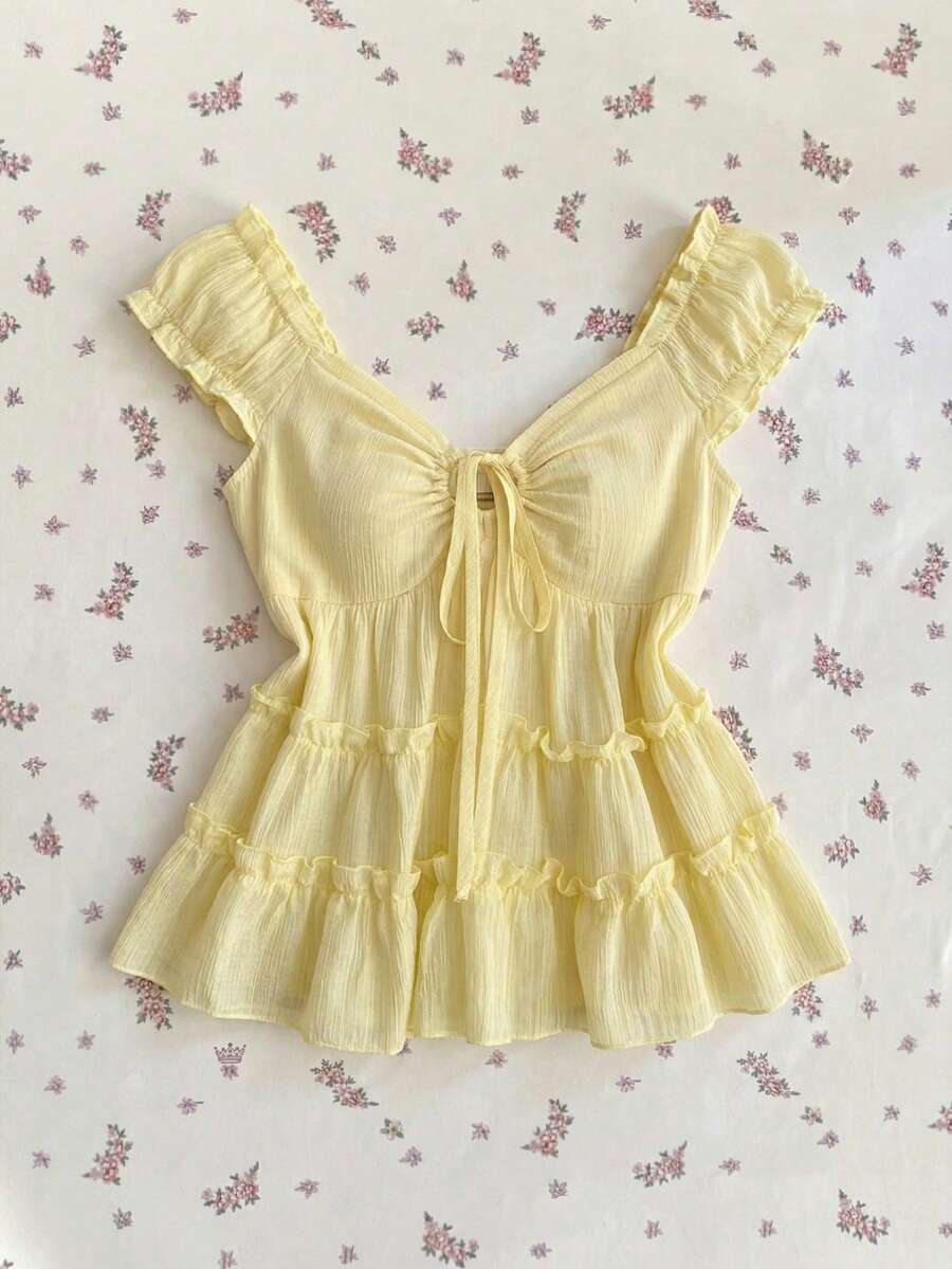 Elamini 女士黄色纹理面料衬衫，前片镂空褶裥，层叠下摆，浪漫休闲风 - 黃色 - 查看 1