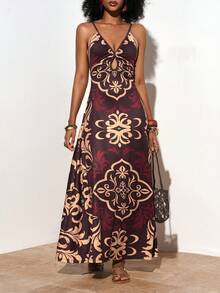 Zivah 夏季新款热销波西米亚风度假印花吊带V领镂空A字长裙。适合度假、旅行、日常出行、派对、音乐节、海滩、假日、机场时尚、邮轮、下午茶等场合。 - 彩色 - 查看 8
