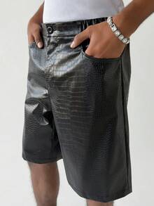 PAVTROS 男士黑色PU皮短裤，时尚百搭休闲及膝裤 - 黑色 - 查看 1