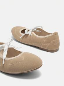 Giày bệt mềm buộc dây thường ngày cho nữ, giày ba lê mũi tròn màu da lộn, thích hợp cho kỳ nghỉ hè, khuyến mãi mùa hè, trở lại trường, trang phục học sinh, giáng sinh, mùa thu, năm mới - Màu be - Xem 13