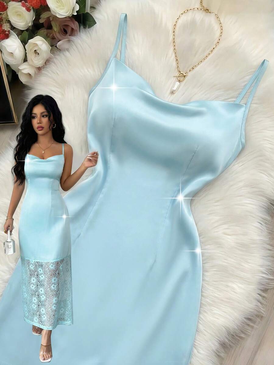 Selianne Women's Elegant Light Blue V-Neck Spaghetti Strap Dress With Lace Trim And Side Slit,Summer Date Formal Events,Light Social Occasions Casual Outings - Mint Blue - View 1