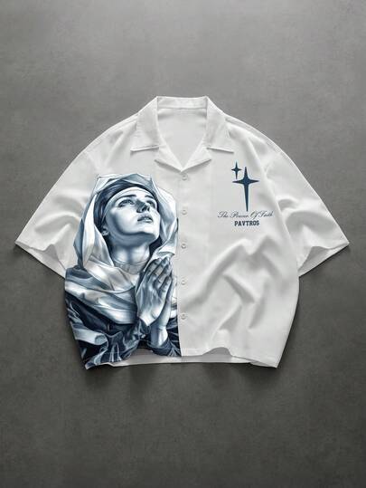 PAVTROS Camisa casual de manga corta con botones delanteros y gráfico de letra y retrato, para verano