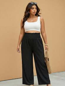 Plussiva Maternity Plus Size Solid Color Elastic Waist Casual Straight Loose Pants - Black - View 1