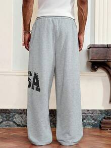 SWAVVY 男士休闲宽松运动裤，印花口袋，灰色，春秋季 - 灰色 - 查看 6