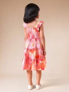 SUMWON Vestido midi con volantes escalonados sin mangas con estampado floral, con Body fruncido y tirantes con volantes para niñas, para verano y primavera - Rojo - Ver 2