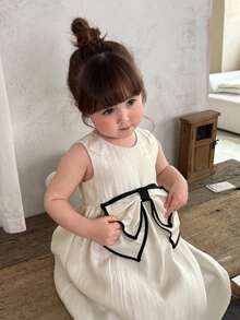 DAZY Baby Girl Bow Decor Korean Style Birthday Party Dress - Apricot - View 9