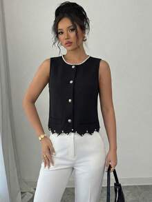 Elenzga Spring/Summer Women's Sleeveless Beaded Ruffle Hem Slim Fit Vest Top, Casual Everyday Top, Office Attire - Black - View 4