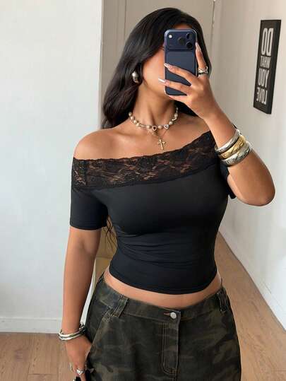 Coolane Women's Plus Size Summer Outfits For Women Flattering Curvy Fit,Streetwear Casual Vintage Chic Y2K Western Wear Minimalist Basic Lace Stretchy Comfortable Black Slim Fit Off The Shoulder Crop Tees