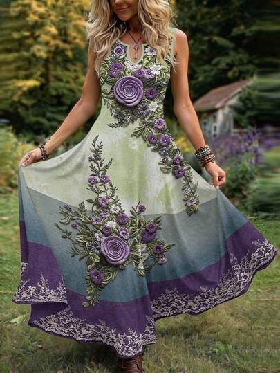 EMERY ROSE 波西米亚风3D立体花卉刺绣印花V领无袖长连衣裙，复古撞色薰衣草绿太阳裙沙滩裙，复活节连衣裙，婚礼宾客礼服，仙气飘逸艺术大码女装连衣裙，2026春夏女装