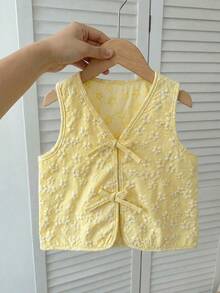 SHEIN Young Girl Woven Solid Color Jacquard Casual Tank Top,Kids - Yellow - View 3