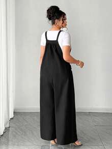 Cravure Plus Size Women Solid Color Pleated Design Casual Jumpsuit - Black - View 2