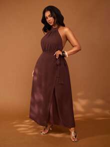Veslaya Damen-Midi-Wickelkleid in Große Größen, schokoladenbraun, elegant für den Sommer, mit Stehkragen, ärmellos und Bindegürtel, Hochzeitsgast-Party-Bankett-Urlaubskleid - Braun - Übersicht 6