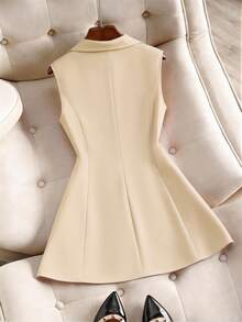 Franclia 优雅加大码杏色无袖翻领褶裥梭织面料背心式西装外套，带口袋，常规长度女士西装裙，带褶裥裙的西装外套，褶裥连衣裙，褶裥西装裙，女士西装裙 - 杏色 - 查看 2