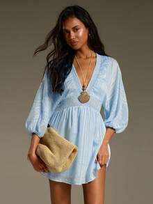 Athîral 女士深V褶皱腰带灯笼袖时尚迷你连衣裙，适合度假 - 藍色 - 查看 3
