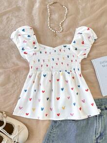 SHEIN Áo kiểu nữ tuổi teen phong cách tối giản, in hình trái tim nhiều màu sắc, hở lưng, tay ngắn, xếp ly, màu trắng, thích hợp cho mùa tựu trường. - trắng - Xem 2