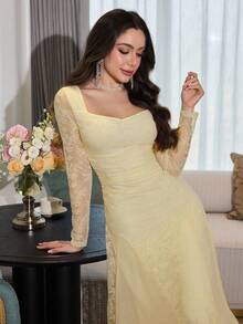 Modelyn Apricot Lace Ruffle Long Sleeve Mesh Patchwork Tie Back Elegant Midi Dress For Women - Yellow - View 6