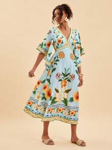 Travachic Vestido de vacaciones con estampado floral y mangas acampanadas - Verde - Ver 6