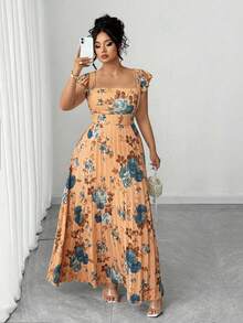 Elenzga 大码女式复古法式百搭度假约会连衣裙，褶皱腰身，印花荷叶边袖，方领设计。 - 卡其色 - 查看 5